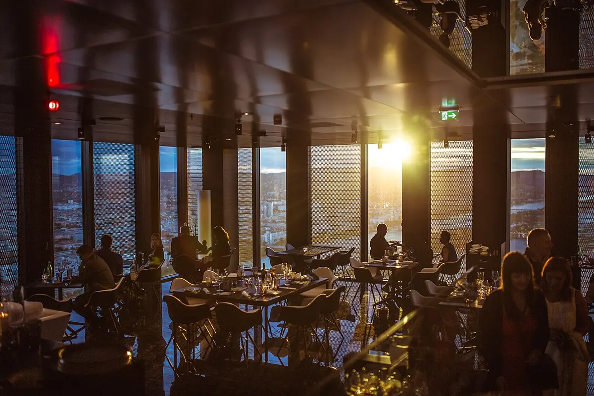 A dining room at dusk