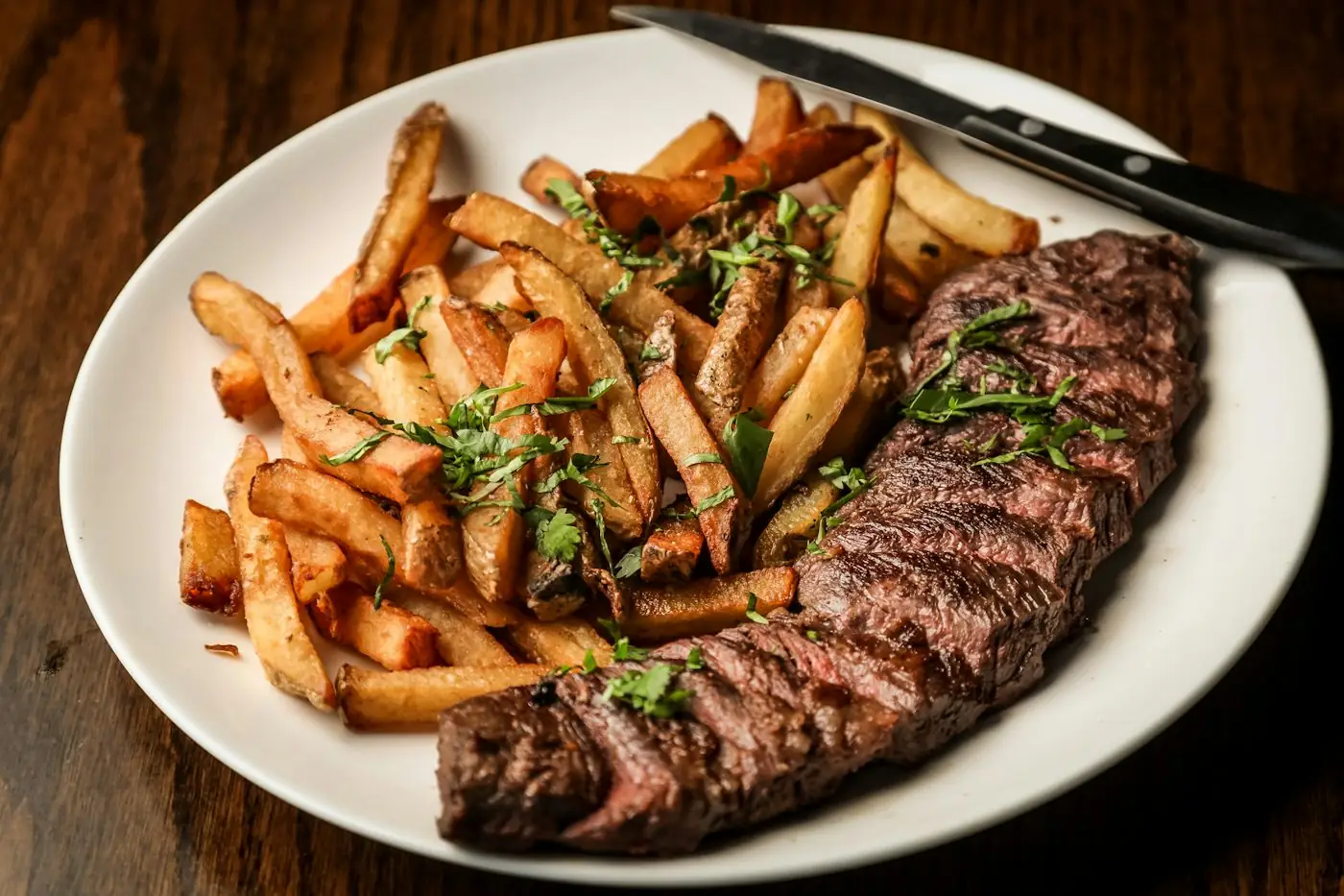 Steak frites on a table